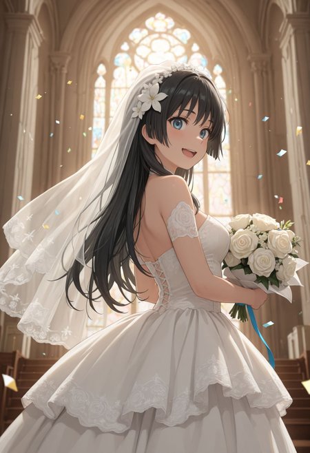 masterpiece,amazing quality,best quality,ultra-detailed,
 <lora:Saten Ruiko illu:1> 1girl, long hair, black hair, hair ornament, hair flower, blue eyes,  (wedding dress, veil, church, holding bouquet, (confetti:1.1), smile, open mouth, white dress, wedding dress), indoor