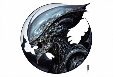 The image features an abstract representation of a skull intertwined with mechanical elements, showcasing a fusion of organic and mechanical forms. The skull has a ghostly, x-ray-like appearance, encased in a transparent, bubble-like structure that emphasizes its intricate details. The contrast between darker and lighter areas creates depth and movement, evoking themes of technology and humanity. The piece, signed “Clear Note” in a subtle script at the bottom right, seamlessly blends anatomical and industrial designs.
To incorporate a Xenomorph element into the image, consider adding elongated, biomechanical features characteristic of the creature, such as:
1. **Head Shape**: Alter the skull to feature a more elongated, sleek profile resembling the Xenomorph's distinct head shape.
2. **Texture**: Introduce a glossy, chitinous texture reminiscent of the Xenomorph's exoskeleton on parts of the skull and spine.
3. **Tail**: Add a segmented tail extending from the base of the skull, curling around the mechanical components.
4. **Eyes**: Replace traditional eye sockets with smooth, reflective surfaces to mimic the alien's dark gaze.
5. **Biomechanical Integration**: Blend alien-like limbs or appendages that appear to merge with the existing skeletal and mechanical structures.
This composition would maintain the abstract style while enhancing the eerie, alien atmosphere central to the Xenomorph design.