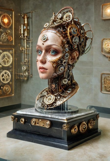 clockwork wind up head, made from gears and pistons and pullies, wind up clockwork key on the side, on a marble desk in a museum, in a display stand, female upper half body, perfect eyes, detailed eyes, Dramatic lighting. 
cinematic masterpiece, 
OverallDetail, SteamPunk