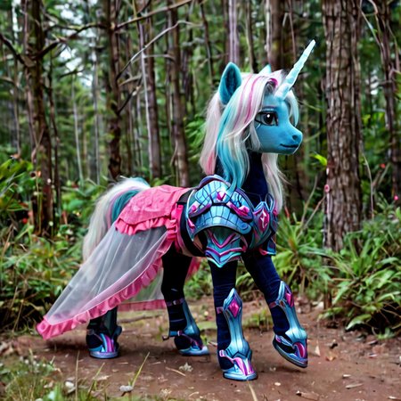 Hybrid unicorn with crystalline armor walking through a glowing, futuristic forest"
An elegant and mystical unicorn infused with sci-fi elements, its crystal-like armor reflecting the vibrant hues of a neon forest in the future.