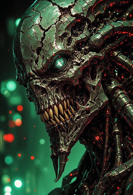 Cinematic fantasy portrait, detailed drawn, comic style, 
(Dark fantasy horror, extreme detail, cinematic focus, eerie atmosphere) — A monstrous entity looms in the foreground, its intricate exoskeleton glistening under dim, moody lighting. The camera zooms in on its grotesque, multi-layered face, where chitin plates interlock with organic sinew, and faint bioluminescent veins pulse beneath the surface. One eye is a jagged crystalline mass, refracting light like shattered glass, while the other glows with an unnatural intensity. The background is a sea of defocused bokeh, eerie green and deep crimson orbs floating like ghostly embers, casting an unsettling contrast against the razor-sharp details of the creature. The shallow depth of field enhances its presence, making every texture, scar, and unnatural feature feel viscerally real.