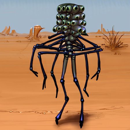 meandraco, anthropod, multi eyes, four arms, digitigrade, desert, solo, skinny