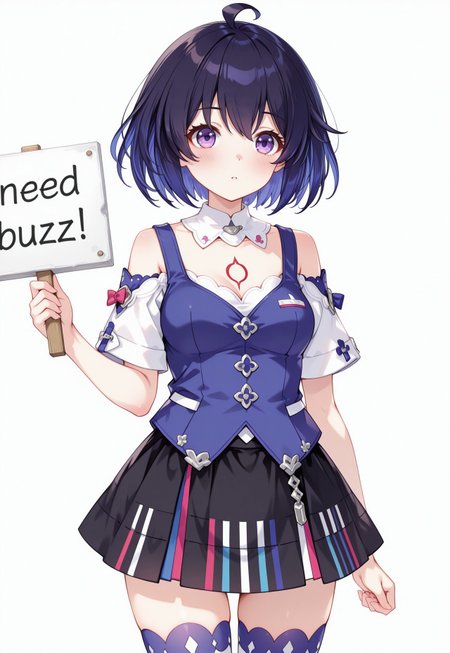 safe_pos, artist:Tsunako,(artist:miyase mahiro:0.6),(artist:ke-ta:0.8),(masterpiece,best quality:1.2),amazing quality, ultra high detailed,1girl,solo, SelVel, Fol001, Sel_Azu, short hair, blue eyes, black hair, blue hair, colored inner hair, chest tattoo, red tattoo, white shirt, off-shoulder shirt, blue vest, vest, black skirt, striped thighhighs, piano print, short sleeves, striped skirt, white sleeves, detached collar, white collared collar, cleavage, shirt under vest, seele vollerei, need_buzz, holding sign that texts: "Seele need BUZZ to satisfies a lot of men" and background is a night dynamic scene outdoor