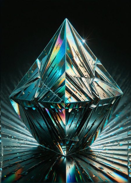 Prismatic light refracting through an ais-trnshd crystal, casting abstract patterns, on a fractured glass background <lora:ais-trnshd-sdxl:1>