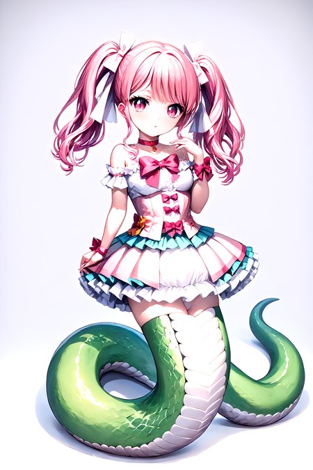 (score_9, score_8_up, score_7_up, source_anime,
(Masterpiece, best quality, illustration, high resolution, hyper detail, finely detailed, ultra-detailed),
8k, Wallpaper, grand, an extremely delicate and beautiful, anime, pixiv, colorful, distinct, bishoujo),
detailed cute anime face, perfect face, sharp
BREAK
<lora:SDXL_LoRA_lamia_PONY_dataset_WCoff_bt04_ep016_05008_1024_dim064_a008_LR00040_snr05_noise00_del:1>,
Lamia, monster girl,
solo, 1girl, full body, 
<lora:aya+pony:0.8>,Maruyama_aya,pink_eyes,long_pink_hair,twintails,bangs,
hair_bow,pink_choker,frills,strapless_dress,arm_ribbon,wrist_bow,layered_skirt,white_thighhighs,pink_shoes