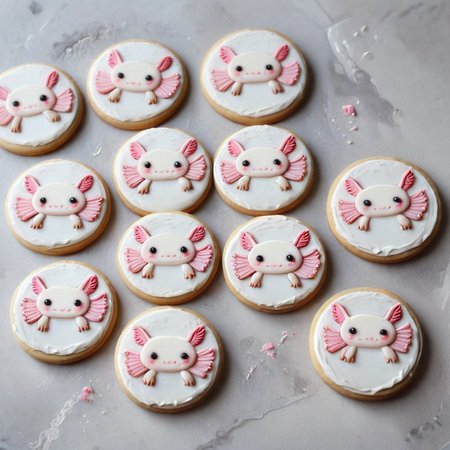 <lora:lora:1>cookie art design,  <lora:Axomodelv2.1:1> simple round cartoon  cookie art,  delicious cute axolotl  cookies  with icing, flat cookies, cookies with cute design  <lora:add-detail-xl:1>,