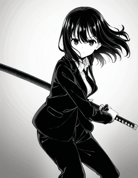 masterpiece, best quality, newest, absurdres, highres, safe,, <lora:saki-yoshida-manga-ponyxl-lora-nochekaiser:1>, saki yoshida, long hair, hair between eyes, monochrome, greyscale, black hair, medium breasts, <lora:battoujutsu-stance-illustriousxl-lora-nochekaiser:1>, battoujutsu stance, looking at viewer, holding, weapon, sword, holding weapon, holding sword, standing, katana, sheath, sheathed, fighting stance, ready to draw, shirt, long sleeves, jacket, white shirt, necktie, collared shirt, pants, black jacket, floating hair, black pants, formal, suit, black necktie, black suit, pant suit,, ,