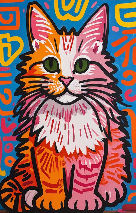 masterpiece,best quality,<lora:tbh164-sdxl:0.9>,illustration,style of Keith Haring, cute Mainecoon cat and Abyssinian cat