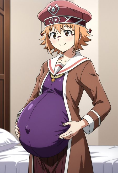 score_9, score_8, score_7,
best quality, masterpiece, 4k, perfect lighting, very aesthetic, anime, anime coloring, official art, anime screencap, absurdres,
bedroom, hands on belly, happy, smile,
 (large pregnant belly:1.1), (round belly:1.1), (pregnant bump:1.1), 
<lora:PeterGrillPhilosophersTimeV2:1>  Mitchy Peligrima, short hair, brown hair, brown eyes, glasses, orange hair, small chest, hat, school uniform, purple shirt, brown vest,
(covered belly:1.5), (pregnancy clothes:1.5)
cowboy shoot,