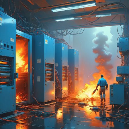"Ilya Kuvshinov" style.
Visually absurdly cluttered server room.
"A blue janitor-robot going into full panic mode after spilling water into the huge server room. Flames and smoke are coming out from the back of the servers".
Lot's of wind and magical lights scattered everywhere.
Dusk.
Long shadows.
By "Simon Stalenhag".
Life-like details.
Cinematic. 
Dramatic. 
Dynamic. 
Extremely refined lines and and shapes.
Extremely refined details on objects.
Sharp details.
Wide range of colors.
Many details everywhere. Ray-Tracing. Anti-Aliasing. Realistic soft shadows. Low saturation colors. Insane quality. Insane resolution. Insane details. Masterpiece. 32k resolution.
