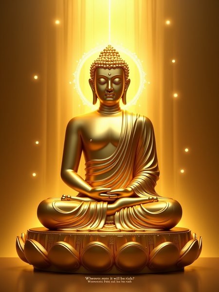 Poster Design Concept: Golden Buddha Statue
Overall Style:

Luxurious and Serene: The poster will showcase a Buddha statue made entirely of gold, emphasizing its metallic texture and solemn atmosphere.
Buddha Statue Design:

Pose: The Buddha will be depicted in a classic seated pose, with a peaceful expression and gentle eyes, reflecting inner tranquility and wisdom.
Material Effect: The statue will have a smooth metallic finish, reflecting light to create a sense of opulence and divinity.
Background Design:

Glowing Effect: The background will feature a soft golden gradient, creating a mysterious and warm ambiance.
Radiant Light: Surrounding the Buddha, add a halo and soft rays of light, symbolizing wisdom and spirituality, enhancing the visual impact of the statue.
Text:

Phrase: At the bottom of the poster, include the phrase: "Whoever sees it will be rich."
Font Style: Use an elegant font in a contrasting color, such as white or deep gold, to ensure readability against the glowing background.
Additional Elements:

Lotus Patterns: Consider incorporating simple lotus motifs at the base of the statue or in the background, symbolizing purity and awakening.
Delicate Decorations: Add subtle geometric patterns or simple golden embellishments in the background to enhance the overall artistic feel.
Overall Effect:
This poster will convey a blend of wealth and spirituality through the luxurious and serene golden Buddha statue. The glowing background and light effects will create a sacred atmosphere, while the text at the bottom reinforces the theme of prosperity. The overall design will attract viewers' attention and inspire contemplation and inspiration.