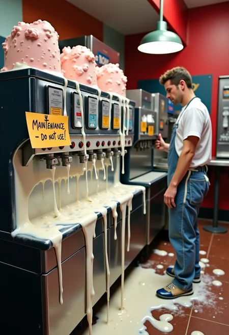 A broken down milkshake machine at a fast food restaurant with a hastily hand written note stuck to it that says "maintenance - do not use!". The machine is spraying milk and ice cream all over and creating a huge mess all over the counter and floor. A worker is standing, looking sad, covered in milk and ice cream