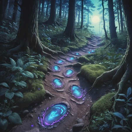 <lora:SDXLFaeTastic2400:0.5>, space made foot steps, glowing tracks,foot print,from above,fantasy ,in forest,black patterned,all blue and purple shades,,Sketched, Sepia filter, organic, detailed, deep rich colors, fine detail, luxury, cinematic, positive emotional, hkmagic, glowing,