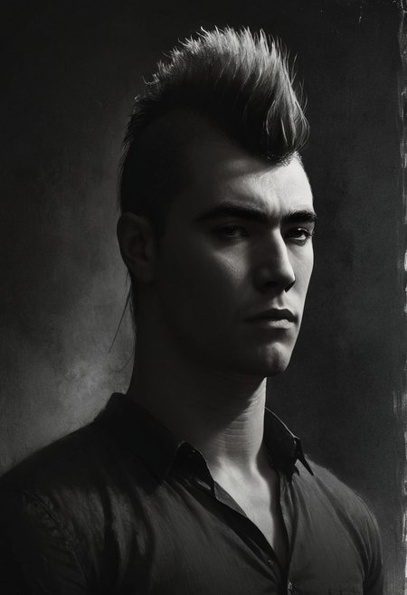 civitametapunkSDXL, 1boy, black mohawk hair, black suit, dark glasses, <lora:MattSchustyle3:0.1> MattSchu,  dark atmosphere <lora:Rafael_DeSoto:1.2> 1960s, Rafael DeSoto style, black and white photo, dramatic photo, low key light, Rembrandt Lighting style, Rembrandt shadow style, Black and white art, black pencil shading, charcoal drawing, toned paper, pencil drawing, brutal dark b/w color scheme