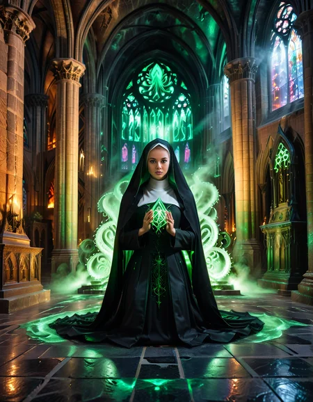 Full body hyperrealism photo,extremely detailed, (nun in black bra:1.3), Kneeling pose,Cthulhu cathedral,indoors,Eerie atmosphere, Fiery background, Illuminated portal, Harrowing details, (Sinister aura:1.2).<lora:SDXLFaeTastic2400:0.4> <lora:extremely_detailed:0.4> extremely detailed <lora:Cthulhu_cathedral:1>, Masterpiece,best quality,hi res,8k,hi res,8k,award winning,(sharp focus, intricate, highly detailed),