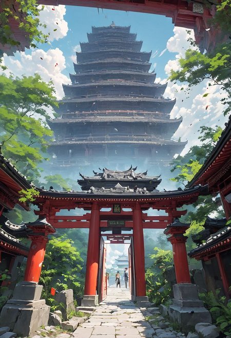 sky, pagoda, temple, gate, torn pants, human, forehead marks, blur, plants, floating, Spirited Away