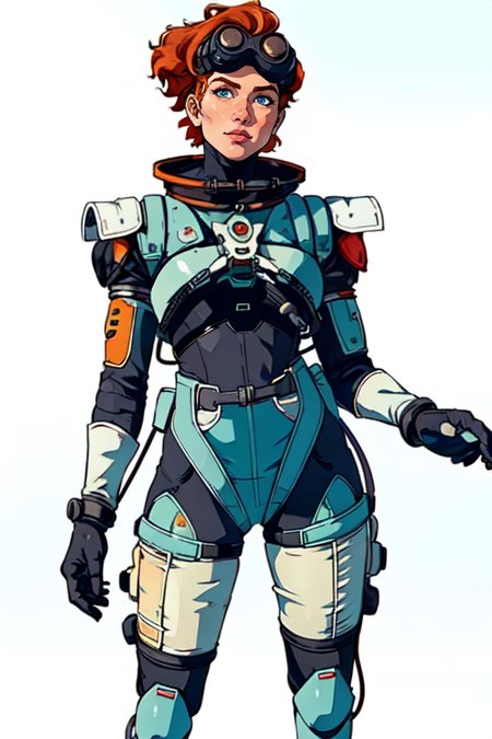masterpiece,best quality,extreme detail,8k,((white background)),<lora:horizon:0.8>,horizon2,1girl,solo,looking at viewer,short hair,blue eyes,gloves,standing,orange hair,armor,bodysuit,goggles,science fiction,goggles on head,realistic,cable,spacesuit,wide hips,tthighs,