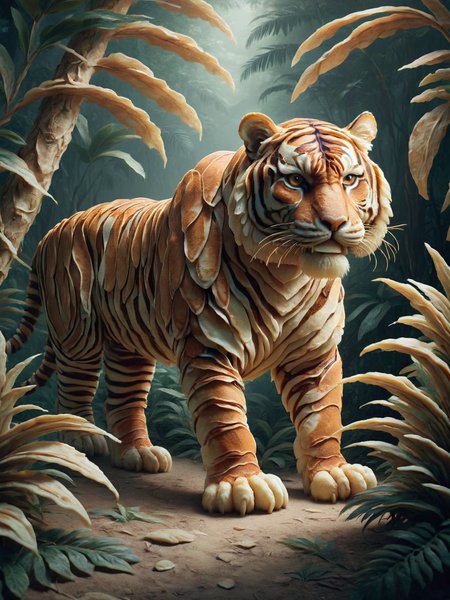 An ais-pncks tiger stealthily moving through a dense jungle underbrush at dusk <lora:ais-pncks-sdxl:1>