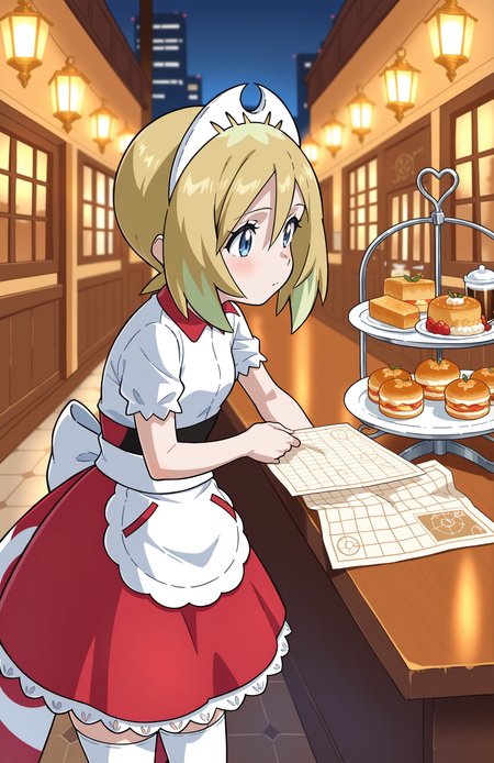 1girl, solo, <lora:Daikin:1> dkn, 
irida \(pokemon\), blonde hair, blue eyes, cafe uniform, short sleeve blouse, tiered skirt, thighhighs, lace headdress, waist apron, (medium shot), checking a map, detailed face, located in an urban scene at a bustling urban park during sunset with thunderstorm weather, illuminated by moonlight, creating a trendy,busy atmosphere, extremely detailed, highres, masterpiece, best quality