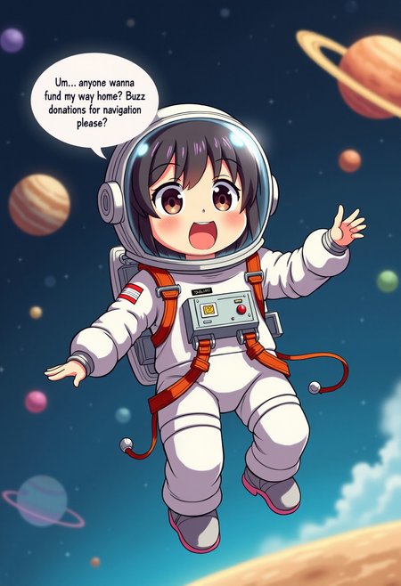 (masterpiece), best quality, expressive eyes, perfect face, cartoon style, anime style, Clueless Space Explorer": An anime girl in a clunky, oversized astronaut suit, floating helplessly in space with planets around her and her map upside down. Put speech bubble text “Um… anyone wanna fund my way home? Buzz donations for navigation, please?”