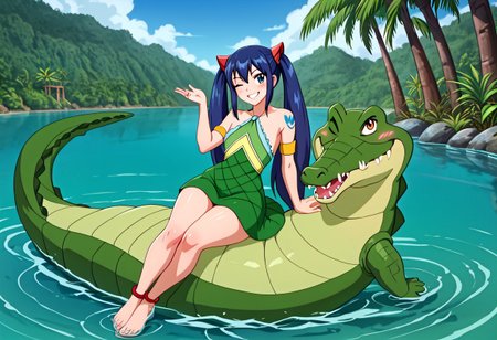 Tick Tock crocodile,fat,giant,male animal, crocodile open large mouth ,green skin, blue eyes, Tick Tock the crocodile is giant and very huge size,teeth,look viewer,Tick Tock the crocodile swimming in the water,belly exposed
,full body,lying on your back in the water,looking at viewer.
high quality, best quality, ultra-detailed, very aesthetic, illustration, perfect composition, intricate details, absurdres, high res image, masterpiece, vibrant colors, beautiful face, detailed face, 1girl, perfect eyes, detailed eyes), female, wendy marvell, long hair, hair ornament, twintails, brown eyes, blue hair,dark skin, thighs, perfect body, narrow-waisted, wide hips, (Wendy_Marvell, bare shoulders, tattoo, armlet, dress, green dress), (blushing, small smile), parted lips,(smile), smug, one eye closed, head on hand,sitting, full body, barefoot, anklet, Wendy is her little size,Wendy is her sitting in the crocodile belly
Palm_trees,jungle, tropical,river,tropical_island,Disney.