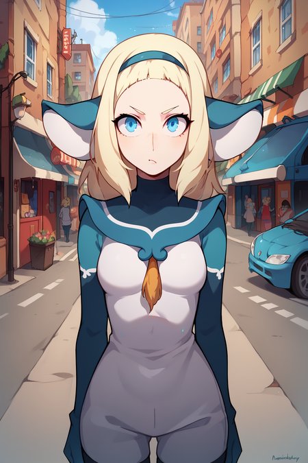 zPDXL,  <lora:Character_Bakara_Jurgen:1>, 1girl, bakara jurgen, blonde hair, blue eyes, mouse ears, hairband, uniform, street, solo female