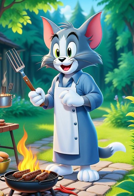 (Tom & jerry),Cartoon (Tom:1.35) cat  casual dresses,  grilling kebab, dirty shirt, thick red fur, nature