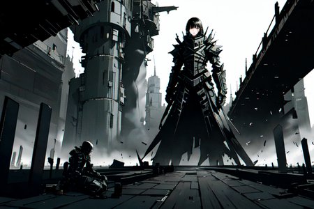 highly insanely detailed, masterpiece, top quality, best quality, highres, 4k, 8k, RAW photo, (very aesthetic, beautiful and aesthetic),  
tsutomu nihei,nihei_tsutomu,blame!,blame gakuen!,abara,TNstyle,sidonia_no_kishi,(sidonia \(ship\),stairs,megastructure in background,giant room,tower,mausoleum,city ruins,space,spacecraft,hangar,deep horizon),futuristic,flock,blm,cyberpunk,science fiction,dystopia,destroyed,vast scenery,perspective,empty,decrepit,dark background, 
<lora:ABARA:0.6>, 
(1girl:1.3), 
solo focus, 
olive green background,âââ