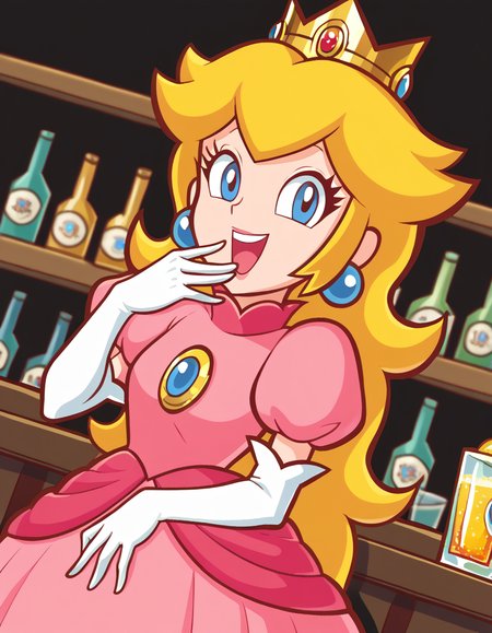 score_9, score_8_up, score_7_up, source_anime, <lora:super-princess-peach-ingame-ponyxl-lora-nochekaiser:1>, princess peach, blonde hair, blue eyes, long hair,, crown, dress, gem, gloves, pink dress, puffy short sleeves, puffy sleeves, short sleeves, white gloves,, bar, drinks, stools, counter, nightlife, , <lora:ojou-sama-pose-ponyxl-lora-nochekaiser:1>, ojou-sama pose, laughing, smug, hand to own mouth, open mouth,, looking at viewer, solo,, dutch angle, cowboy shot
