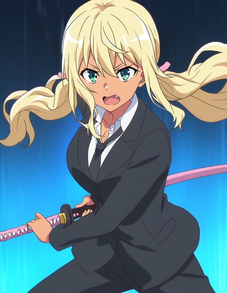 masterpiece, best quality, newest, absurdres, highres, safe,, <lora:hibiki-sakura-s1-ponyxl-lora-nochekaiser:1> hibiki sakura, long hair, blonde hair, hair between eyes, twintails, green eyes, fang, dark skin, dark-skinned female, gyaru, mature female, large breasts, anime screencap, <lora:battoujutsu-stance-illustriousxl-lora-nochekaiser:1>, battoujutsu stance, looking at viewer, holding, weapon, sword, holding weapon, holding sword, standing, katana, sheath, sheathed, fighting stance, ready to draw, shirt, long sleeves, jacket, white shirt, necktie, collared shirt, pants, black jacket, floating hair, black pants, formal, suit, black necktie, black suit, pant suit,, ,