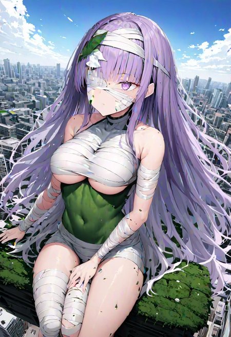 masterpiece, best quality, ultra-detailed, beautiful, nai3, 1girl, solo, full_body, tachi-e, 
kingprotea \(fate\), 1girl, bandage on face, bandage over one eye, bandaged arm, bandaged head, bandaged leg, bandages, bare shoulders, blurry, blurry background, blush, breasts, building, chest sarashi, city, cloud, covered navel, day, fingernails, giant, giantess, leaf, long hair, looking away, medium breasts, midriff sarashi, moss, outdoors, purple eyes, purple hair, sarashi, sitting, sky, solo, underboob, very long hair