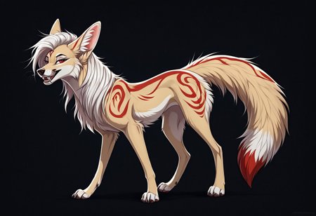 reallynxgirl_style, by Zackary911, by Kenket, by Kilinah, by fluff-kevlar, feral, mommy female white fennec fox, solo, long white hair, red eyes, fangs, full body, one big tail, dark background. dark priest with balck and red cloack, full body concept, realism