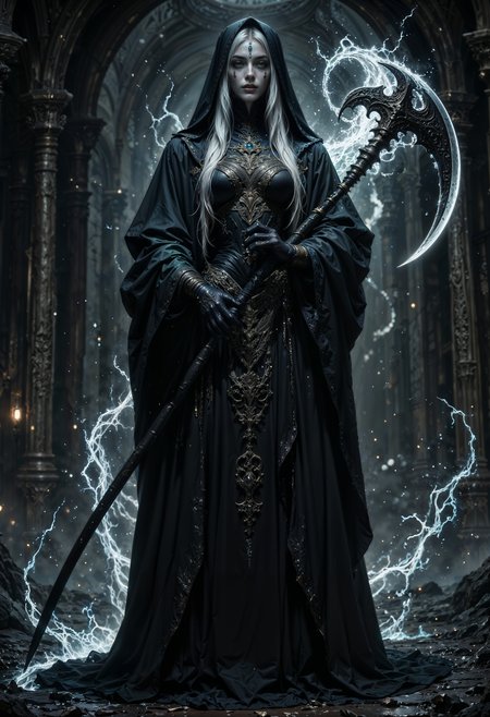A Renaissance-style, full-body character design of A woman with ethereal beauty, beautiful but terrifying, with totally white eyes, ashy white hair, pale skin, wearing a black robe surrounded by a black aura and carrying the sickle of death, her presence gives a shiver. (maximum ultra high definition image quality and rendering:3), maximum image detail, maximum realistic render, (((ultra realist style))), realist side lighting, , 8K high definition, realist soft lighting, (amazing special effect:3.5)