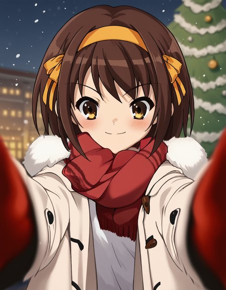 score_9, score_8_up, score_7_up, source_anime, <lora:haruhi-suzumiya-s1-ponyxl-lora-nochekaiser:1>, haruhi suzumiya, short hair, brown hair, brown eyes, hairband, medium hair, ribbon, hair ribbon,, <lora:pov-cheek-warming-ponyxl-lora-nochekaiser:1>, pov cheek warming, pov cheek warming (meme), winter gloves, duffel coat, fur-trimmed scarf, winter clothes, red mittens, meme, winter coat, red scarf, fur-trimmed coat, reaching towards viewer, reaching, mittens, fur-trimmed hood, white coat, open coat, scarf, coat, red gloves, snowing, pov, fur trim, depth of field, smile, blush,, christmas, christmas tree, christmas lights,,