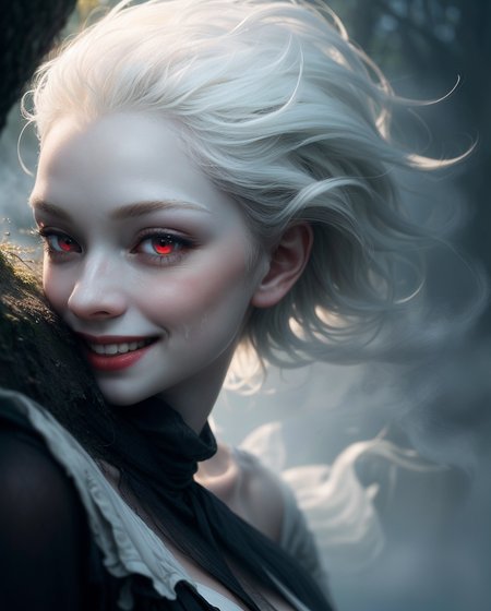 speedpainting Speedpainting, (Dark Fantasy Aesthetic:1.2), (Glamour:1.3) photo of a 20yo, (strikingly beautiful:1.2) vivacious, enigmatic, ethereal, (albino:1.3)  (nymph:1.3), (albinism:1.4),   Lengthened Rectangular Face with Noticeable Jaw and Cheekbones, Clean, Straight Eyebrows, Wide-Set Close-Set Eyes, Majestic Aquiline Nose, Sumptuous Full Lips, windswept (Fine) (stylish short white hair:1.3) (Red eyes:1.3), (looking at viewer),  ( Cheeky Smile:1.3), (mischievous Expression:1.2), (hourglass figure:1.2), (large soft breasts:1.1), (natural breasts), (cleavage:1.1), (Ashen skin:1.3), (flawless skin:1.3), (shiny skin),  diaphanous white dress, Dense Woodland, (foggy:1.4), (bathed in thick fog:1.4), (half-obscured:1.3), (Close up:1.2), Dutch Angle), (dynamic composition:1.2), (shallow depth of field:1.2), (dappled sunlight:1.2), vibrant, saturation, Shot using a (Olympus XA Camera:1.3), using a (35mm f/2.8 lens:1.3), on (Kodak Portra film:1.3), in the style of (Ansel Adams:1.3) (Rule of thirds:1.1)  <lora:more_details:0.4>   <lora:epiNoiseoffset_v2:0.5>