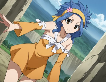score_9, score_8_up, score_7_up, source_anime,
levymcgarden, <lora:levy-mcgarden-s7-ponyxl-lora-nochekaiser:1>,
levy mcgarden, brown eyes, blue hair, short hair, sidelocks,
hair ornament, dress, bare shoulders, collarbone, flower, detached sleeves, hair flower, strapless, headband, short dress, strapless dress, orange dress,
indoors, landscape, bent over, smile,
looking at viewer, dutch angle, cowboy shot,