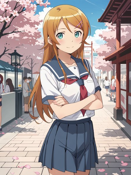 score_9, score_8_up, score_7_up, source_anime, ray tracing, best quality, anime screenshot, anime coloring,  <lora:Char-Kousaka_Kirino-V1-Pony:0.9:hr=0.6>, 1girl, kousaka kirino, hair clip, solo, serafuku, blue pleated skirt, red neckerchief, crossed arms, looking at viewer, light smile, standing, cowboy shot, outdoors, street, cherry blossoms, petals, depth of field