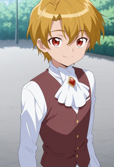 masterpiece,best quality,amazing quality, source_anime, 
Buraito, 1boy, male focus, solo, red eyes, blonde hair, school uniform, shirt, white shirt, long sleeves, ascot, white ascot, brooch, vest, brown vest, smile,
outdoor,