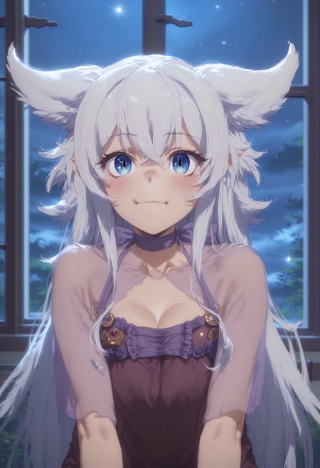 score_9, score_8_up, score_7_up, highres, high res image, masterpiece, 1girl, solo,detailed face, detailed eyes,  bangs, lv2fenrys, <lora:Lv2Fenrys>, white hair, blue eyes, medium breasts, hair betweens eyes, crossed bangs, (nightgown:1.4), indoor, night, puppy eyes,