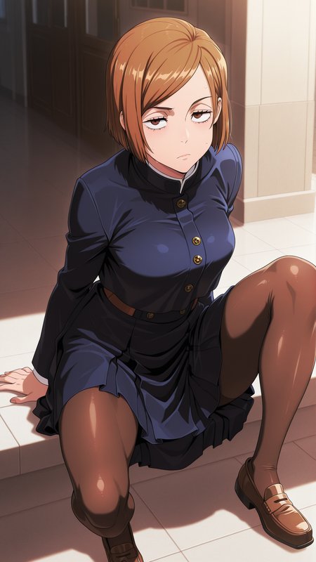 masterpiece,best quality,amazing quality, 1girl, solo,  <lora:IlluNobara:1> illuobara, short hair, brown hair, brown eyes, school uniform, skirt, pantyhose, jacket, loafers,