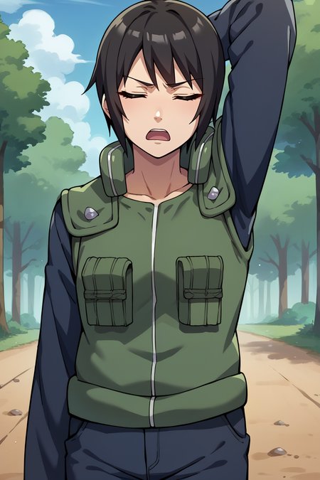 score_9, score_8_up, score_7_up, score_6_up, source_anime BREAK 1girl, solo, <lora:shizune-pdxl-nvwls-v1-000005:1> shizune, black hair, vest, black sleeves, long sleeves, pants, (big breasts:0.6), closed eyes, open mouth, sigh, arm behind head, arm at side, blue sky, dirt road, forest