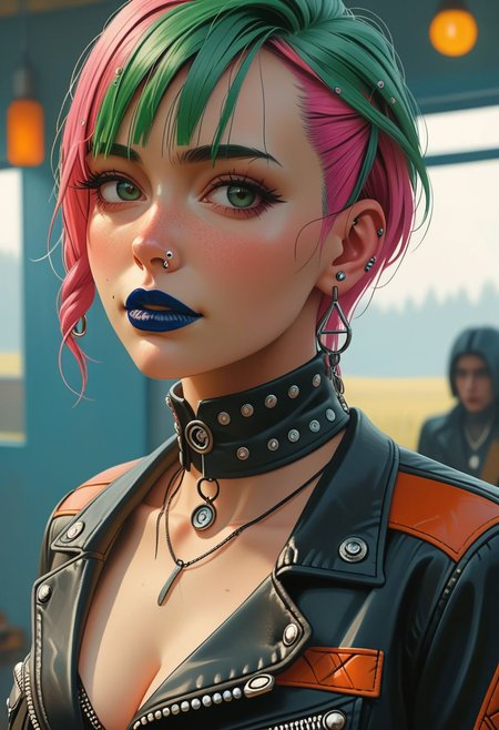 Dynamic wide angle full body view of a country side female goofy biker of an alternative retro-futuristic era. 
Cinematic. 
Raw photo. 
Stunning cleavage
Kissing expression. 
The WOMAN's face must be accurate and visible in any detail.
The WOMAN has side-shaved cyan hair, hot-pink hair-tips and random green hair-strains. 
The WOMAN has heavy dark smokey makeup on the eyes.
The WOMAN has heavy dark matte dark-blue lipstick. 
The WOMAN wears a very intricate and detailed leather and metal choker. 
The WOMAN wears a piercing on the eyebrow.
The WOMAN wears a precious tiny diamond piercing on a naris. 
The WOMAN wears red dices as ears jewels. 
The WOMAN is looking straight at the viewer with tender expression and she is blushing, slightly shy. 
The WOMAN's skin is very realistic and very accurately detailed.
The WOMAN is subtly smiling. 
Many details everywhere. 
Ray-Tracing. 
Anti-Aliasing. 
Realistic reflections. 
Realistic soft shadows. 
Slightly desaturated colors. 
Insane quality. 
Insane resolution. 
Insane details. 
Masterpiece. 
16k resolution.
By Simon Stalenhag.