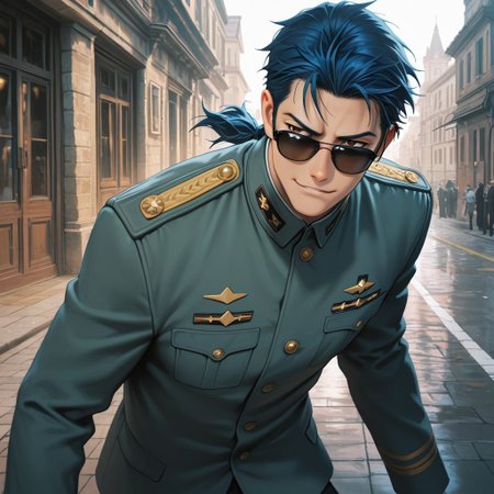 masterpiece, best quality, amazing quality, absurdres, newest, detailed background, definition so sharp, Ultra-HD, 8K cinematic, very awa, impressionate, amazing quality, highres, 
solo, male focus, manly, 
daikakukokujouji, 1boy, short hair, tied hair, low tied hair, lieutenant_pretime, lieutenant_blue hair, lieutenant_brown eyes, stylish outfit, sunglasses \(falling off\), posing, confident smirk, but off-balance, urban setting, vibrant colors, energetic, cool, clumsy, fashionable, charming