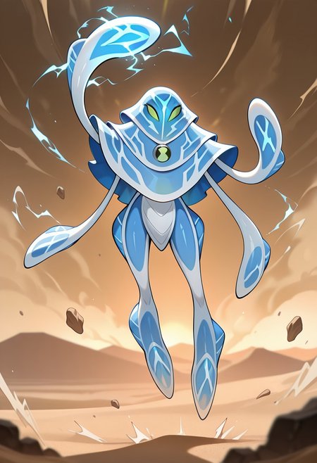 masterpiece, best quality, amazing quality, very aesthetic, absurdres, newest,, detailed background, 
 ampfibian, full body, pokemon (creature), no humans, colored sclera, green eyes, blue skin, tentacles, extra eyes, colored skin, squid, jellyfish,   no mouth, 
cr4ckl3,electricity flying, motion effect, depth of field, desert, sand dunes, sand storm, eguptiran pyramids, floating rocks