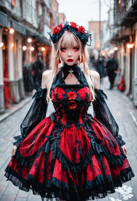 <lora:Illustrious_Realistic_Fashion_Collection_-_Gothic_Lita:1> girl wearing a gothic fashion dress, on the street, black and red dress with roses, subsurface scathering, depth of field, skin pores, detailed skin, masterpiece, best quality, newest, absurdres, highres, feeling, impact, very awa, dim lighting, sidelighting, skindentation, amazing quality, scenery, very aesthetic, newest, volumetric lighting, blending, <lora:add-detail-xl:1> <lora:cfg_scale_boost:1> <lora:sdxl_enhance:1> <lora:spo_sdxl_10ep_4k-data_lora_webui:1>