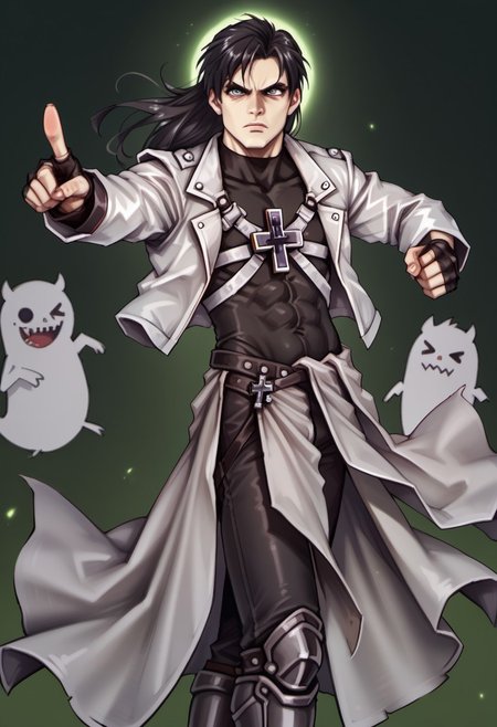 score_9, score_8_up, score_7_up, hugbaldw, cutoff jacket, ((((body harness with holy cross design)))), long black hair, charcoal greaves, gray skirt, black shirt, black pants, black fingerless gloves, pointing, ((((pointing at viewer))), looking at viewer, (((dark backdrop))), ((((spooky green backdrop)))), 