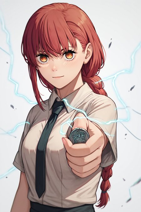 score_9, score_8_up, score_7_up, score_6_up, score_5_up, score_4_up,  <lora:mak1ma0XL_Pony_v1:1> , mak1ma0, red hair, long hair, braid, ringed eyes, white collared shirt, black necktie, 1girl, alone, masterpiece, highres, highly detailed face,  <lora:railgun_technique:0.8>, coin, holding coin, facing viewer, looking at the viewer, electricity, electrokinesis, white background, simple background