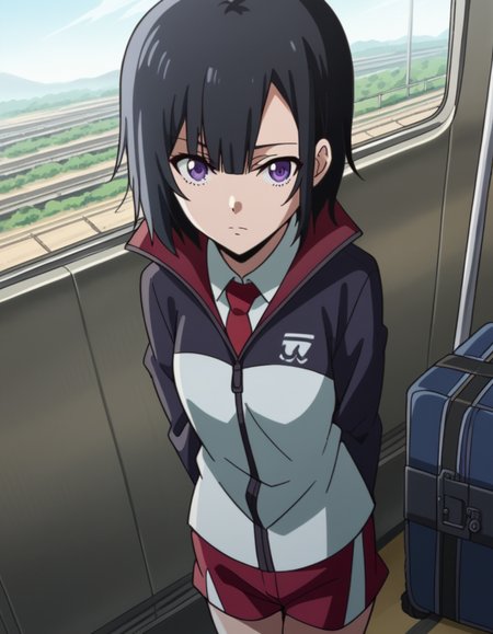 score_9, score_8_up, score_7_up, source_anime, <lora:yuika-shiwahime-s1-ponyxl-lora-nochekaiser:1>, yuika shiwahime, short hair, black hair, purple eyes,, shirt, jacket, necktie, shorts, sleeves past wrists, track jacket,, train station, waiting for train, suitcase, traveling, commute, city skyline, hands behind back,, , looking at viewer, from above,, solo,, dutch angle, cowboy shot
