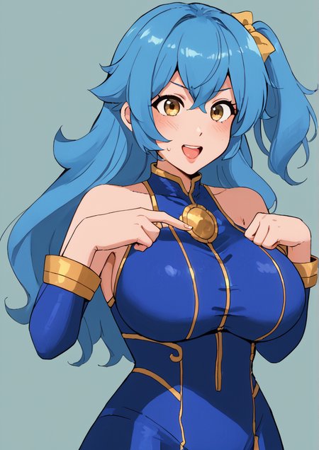 1girl, sonoda umi, huge breast, , bare shoulders, blue dress, blue hair, blush, bow, dancing, detached sleeves, dress, hair between eyes, hair bow, long hair, one side up, open mouth, pointing, pointing up, smile, solo, start:dash!!, sweatdrop, upper body, yellow eyes, handfixer,zPDXL3 <lora:Breast Slider - Pony_alpha1.0_rank4_noxattn_last:3> <lora:HandFixer_pdxl_Incrs_v1:1> <lora:softp3ach:0.8>