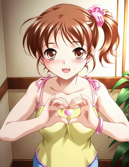 masterpiece, best quality, amazing quality, very aesthetic, official art, absurdres, ultra detailed, game cg, huge filesize,
1girl, solo, okamoto_yuuri, brown hair, brown eyes, side ponytail, short hair, 
yellow camisole, bracelet, blue shorts, 
blush, smile, open mouth, looking at viewer,
pinup, heart hands, 
in room, front view, cinematic light, best shadow, ultra detailed <lora:okamoto yuuri v1.0-000014:1>